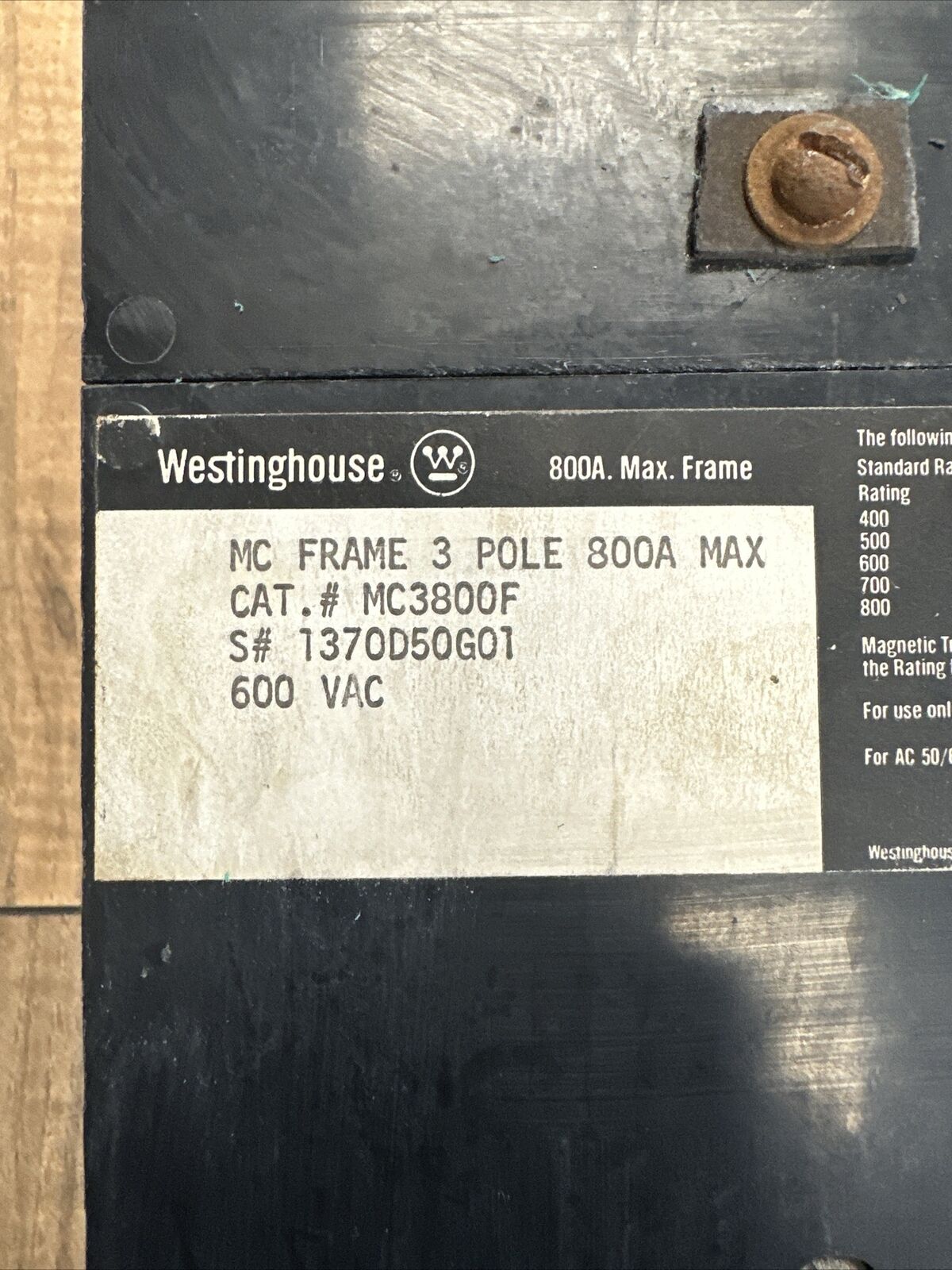 WESTINGHOUSE MC3800F 600VAC MC FRAME 3P 800A 1370D50G01 TRIP PLUG 700AMP