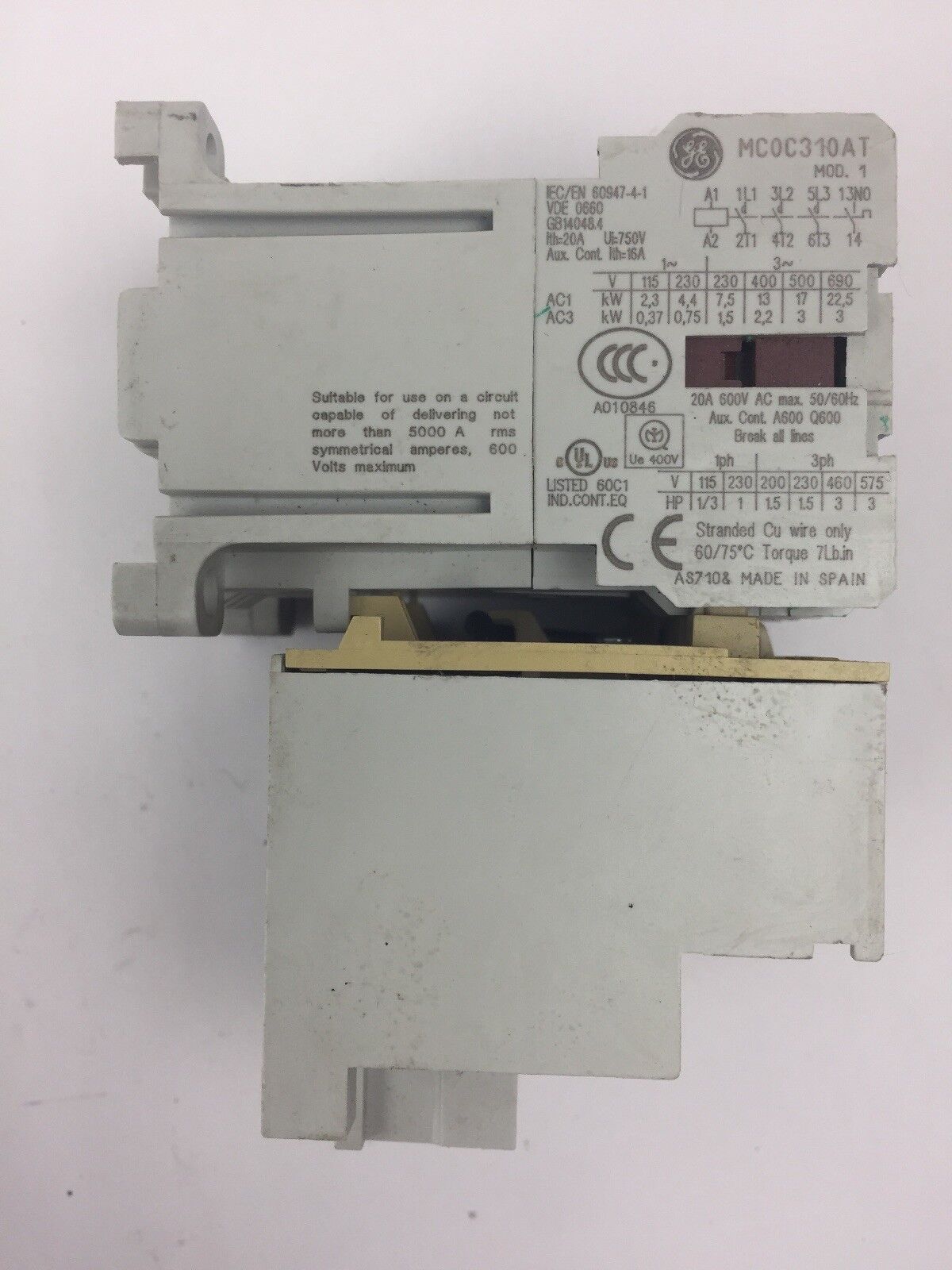 GE MC0C310AT CONTACTOR 20A 600VAC 50/60HZ W/ MT03G OVERLOAD RELAY 1.1-1.6A