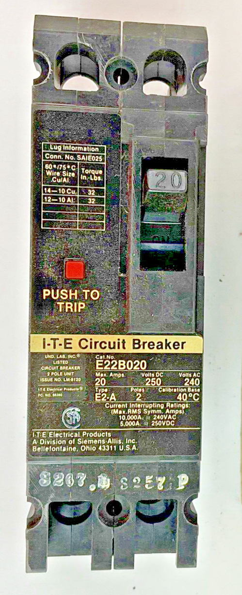 SIEMENS E22B020 CIRCUIT BREAKER FRAME E 240VAC 2POLE 20AMP