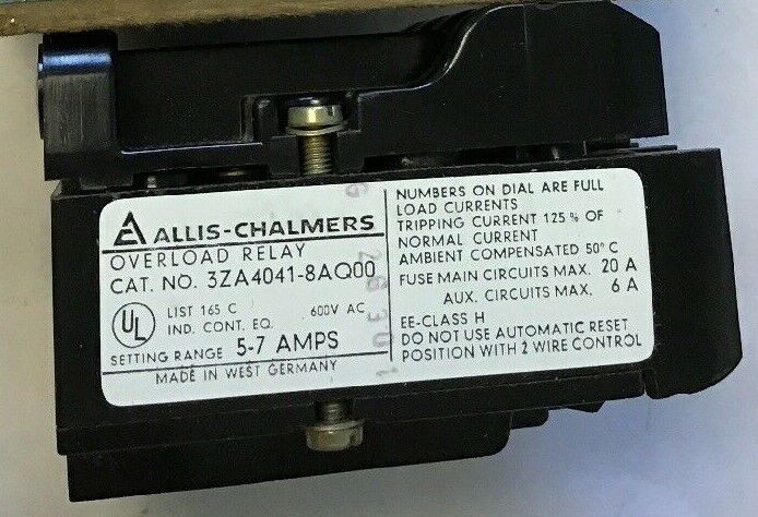 SIEMENS/ALLIS-CHALMERS 3ZA4041-8AQ00 OVERLOAD RELAY 600VAC 5-7AMP
