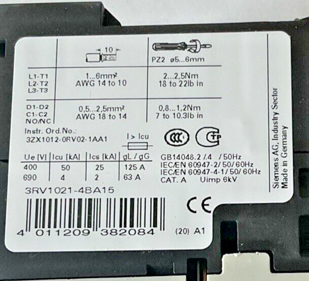 SIEMENS 3RV1021-4BA15 MOTOR CONTROL 14-20A 50HZ