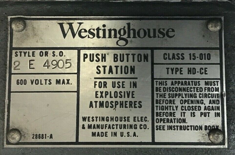 WESTINGHOUSE TYPE HD-CE PUSHBUTTON STATION 2 E 4905 CLASS 15-010 600VOLTS