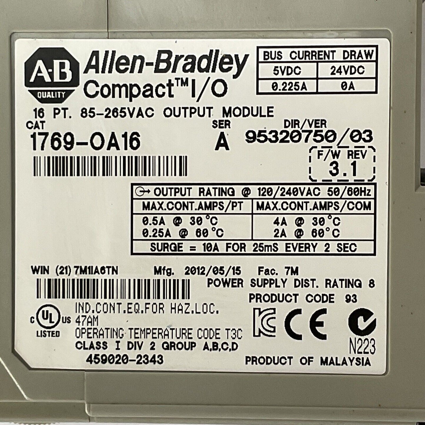ALLEN BRADLEY 1769-OA16 SER A F/W REV 3.1 DIR/VER 95320750/03 16PT 85-265VAC