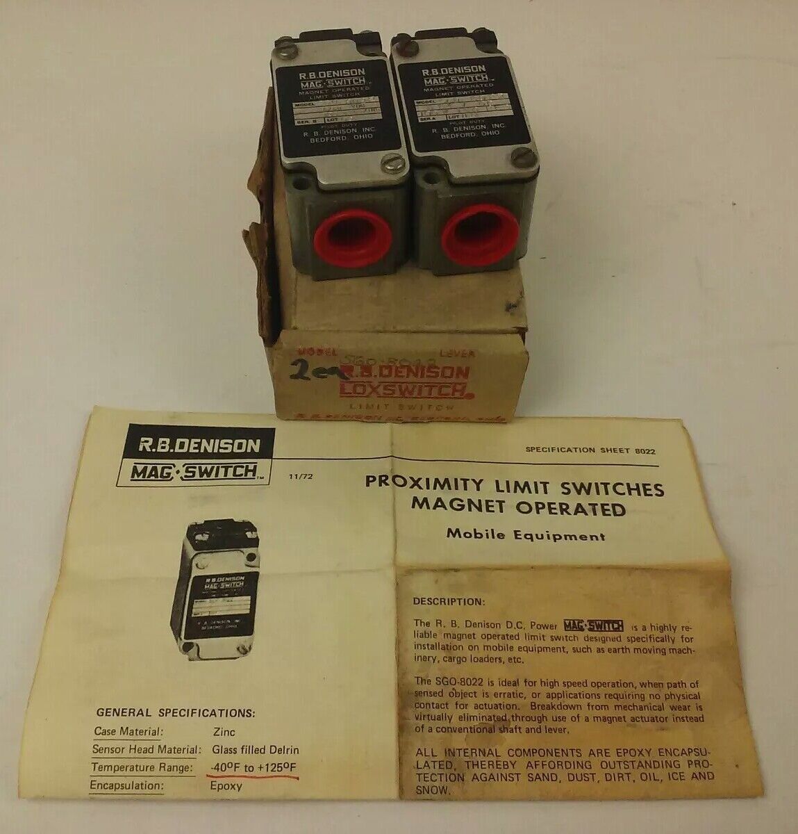R.B.DENISON SGO-8022 MAG OPERATED LIMIT SWITCH 6/60VDC, 100W.RES/IND, LOT OF 2
