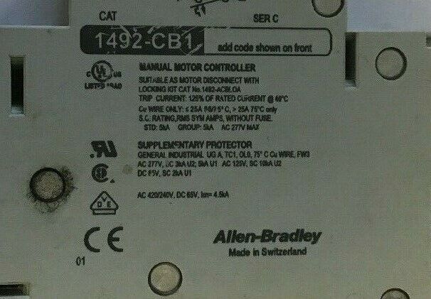 ALLEN BRADLEY 1492-CB1 G100 CIR.BREAKER 277VAC 65VDC 10A 2HP SER.C**(LOTOF6)**