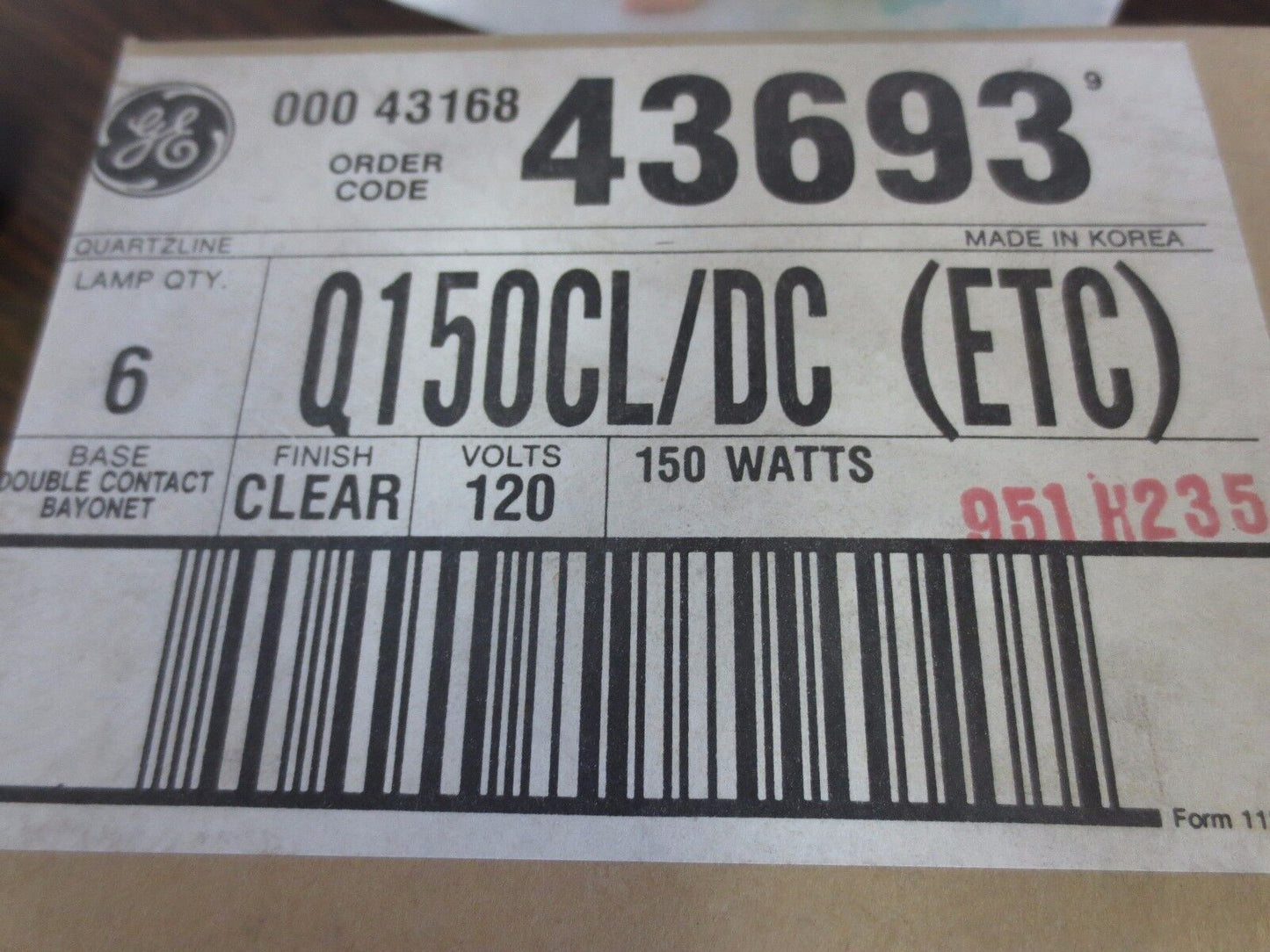 GE Q150CL/DC QUARTZLINE TUNGSTEN-HALOGEN LAMPS, NEW SURPLUS LOT of 6, 150W 120V