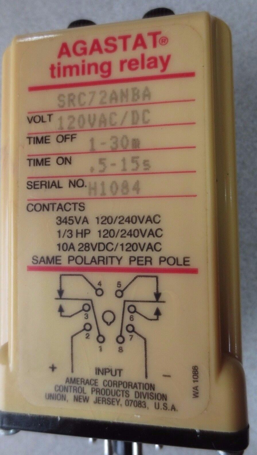 AGASTAT SRC72ANBA TIMING RELAY 120/60 - 1 to 30 Minutes/ .5 to 15 Seconds REPT