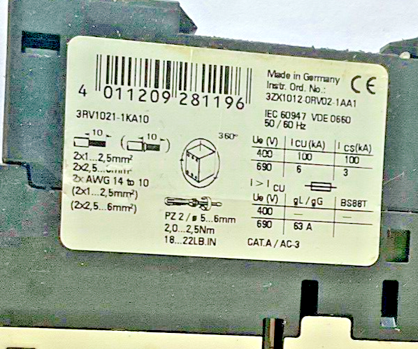 SIEMENS 3RV1021-0KA10,3RV1021-1KA10 MOTOR CONTROL 600V****LOTOF2***