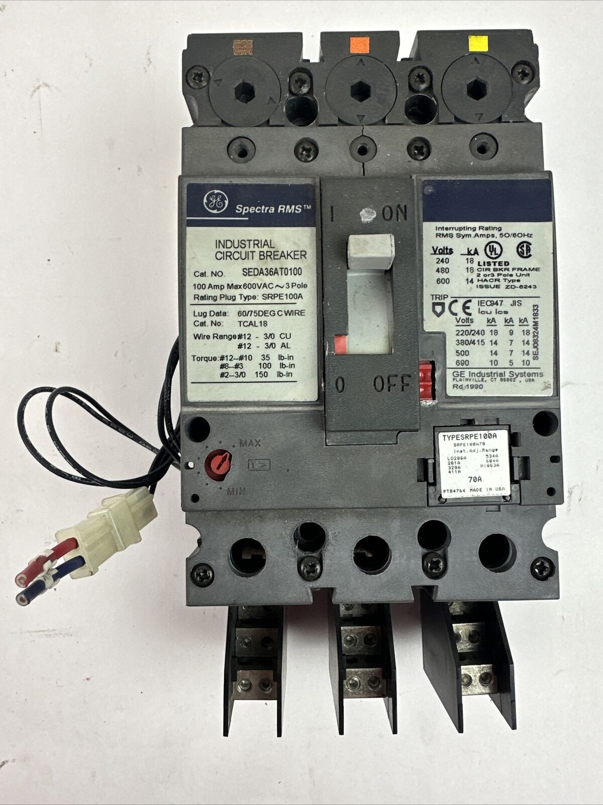 GE SEDA36AT0100 INDUSTRIAL CIRCUIT BREAKER 100A 600VAC 3P TYPESRPE100A 70A TRIP