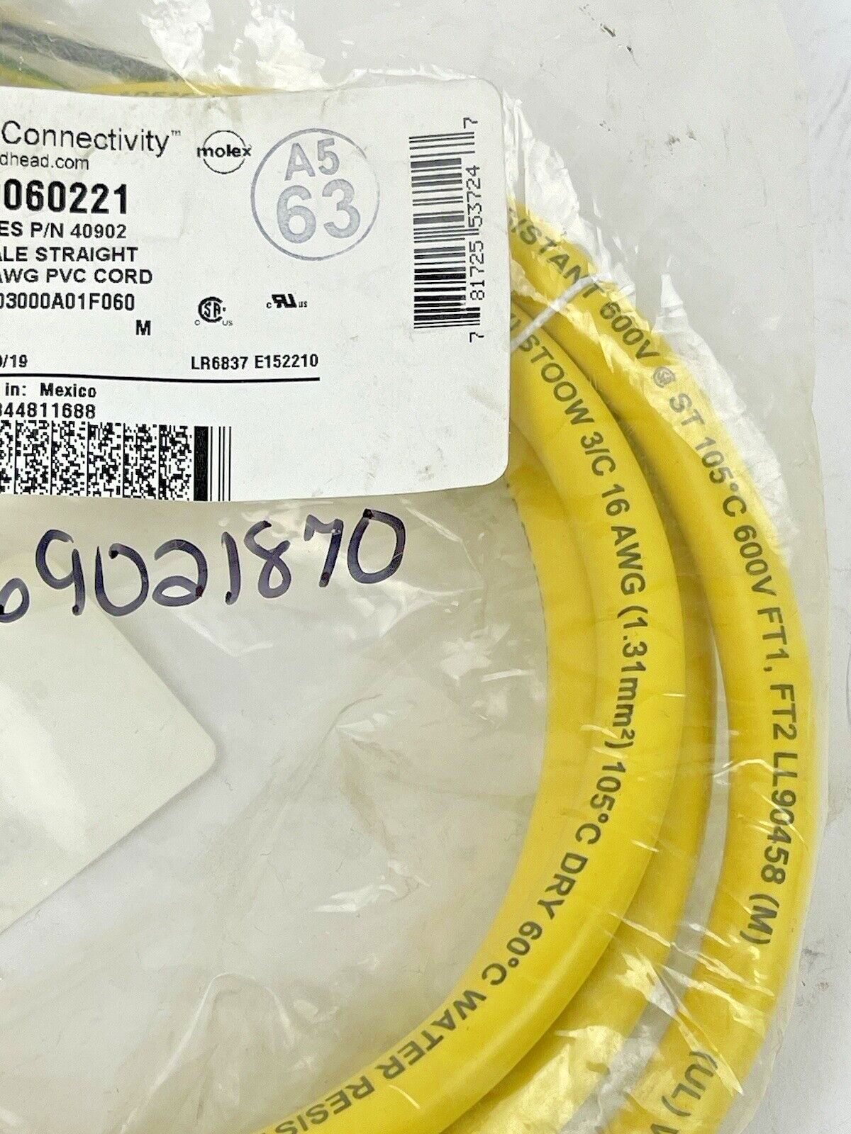 BRAD CONNECTIVITY-MOLEX -1300060221 - 6' 16/3 AWG PVC CORD - REPLACES P/N 40902