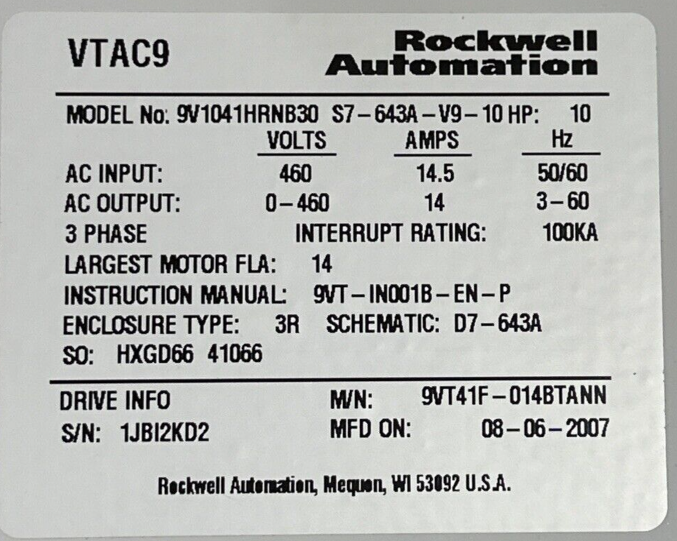ROCKWELL AUTOMATION VTAC 9 HVAC DRIVE 9V1041HRNB30 S7-643A-V9-10 460VAC 10HP