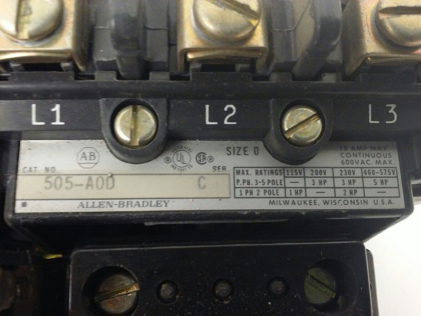 ALLEN BRADLEY 505-AOD, SER. C, REVERSING STARTER, SIZE 0, 600V, 120V COIL, USED