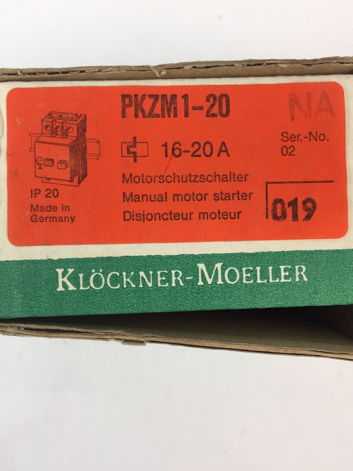 KLOCKNER MOELLER PKZM1-20 NA MANUAL MOTOR STARTER 16-20A 600VAC 15HP 3 PHASE