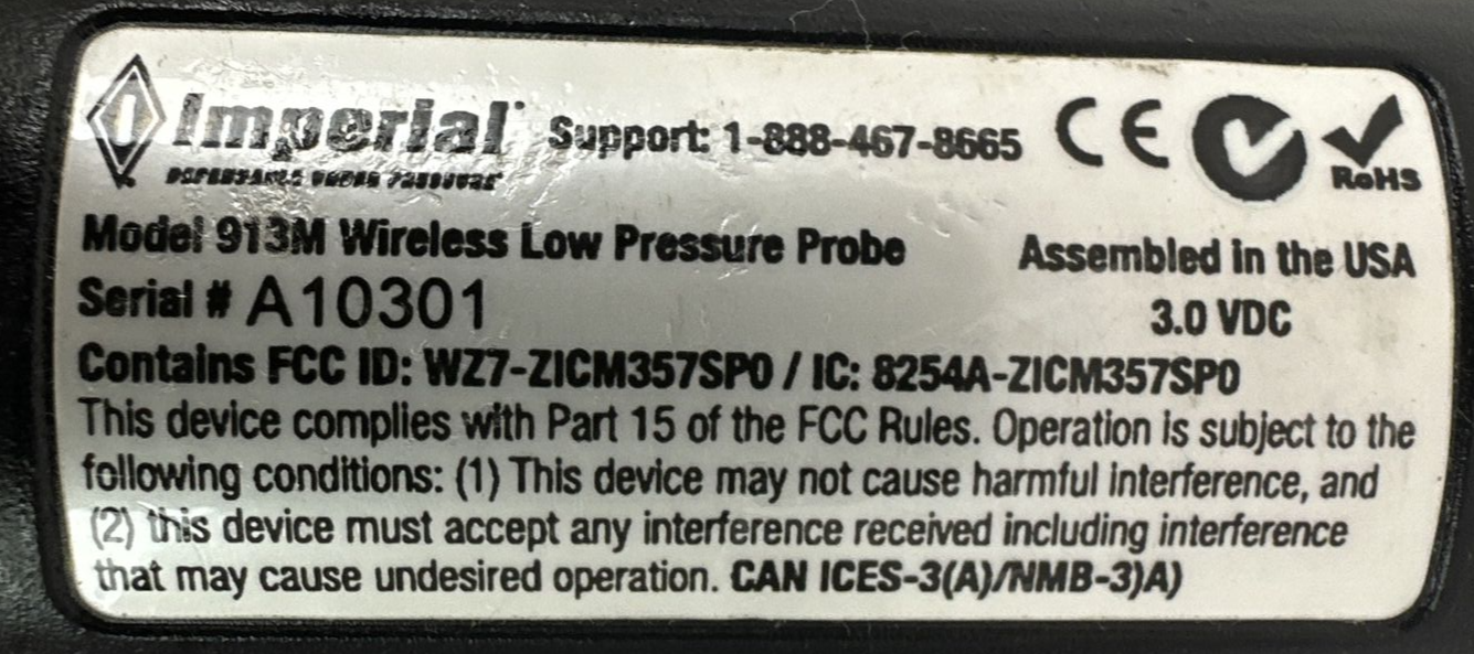 IMPERIAL MODEL 913M WIRELESS LOW PRESSURE PROBE 3.0VDC