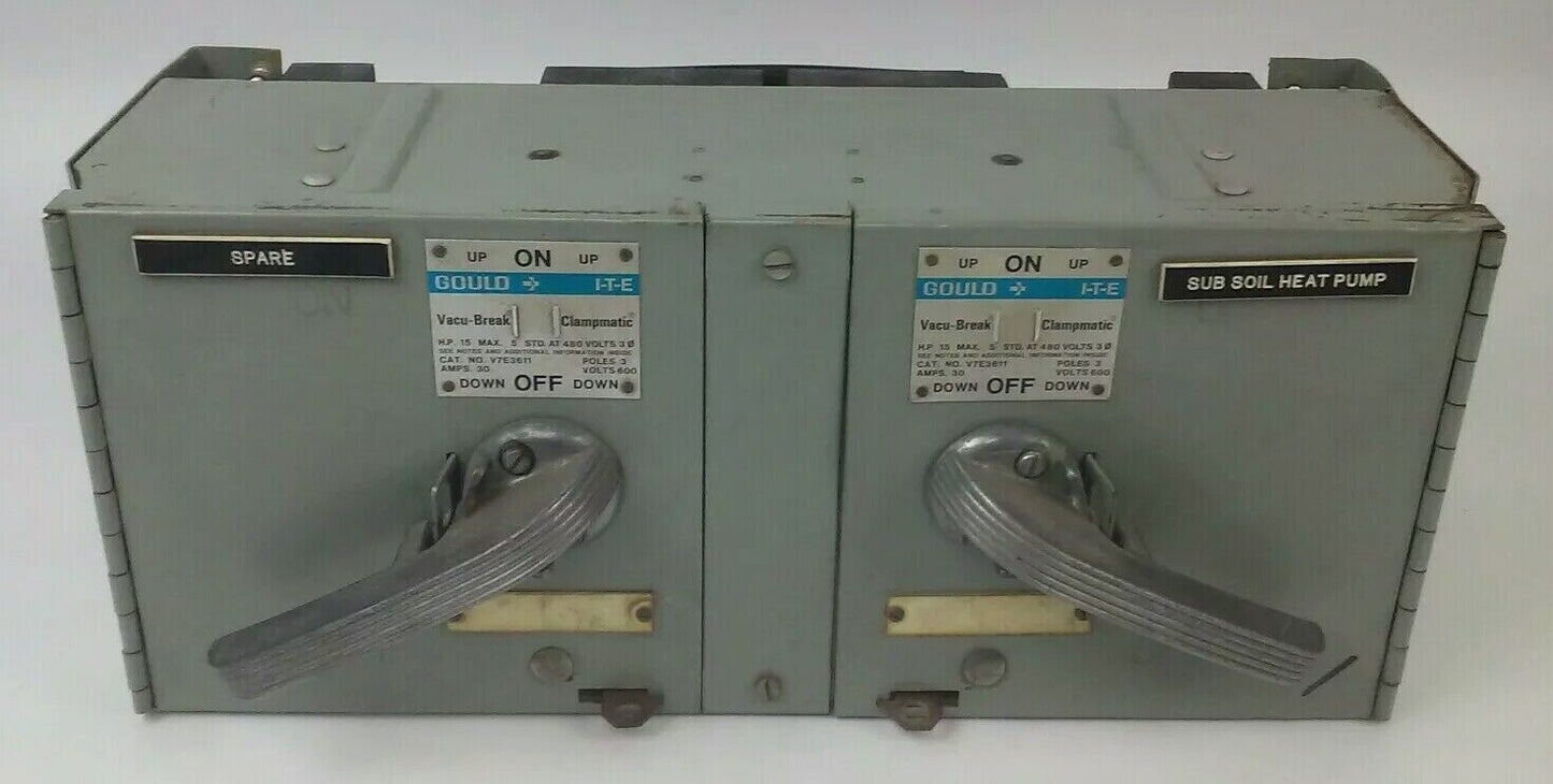 GOULD ITE V7E3611 TWIN VACU BREAK CLAMPMATIC 3P 30A 600V 15HP W/HARDWARE