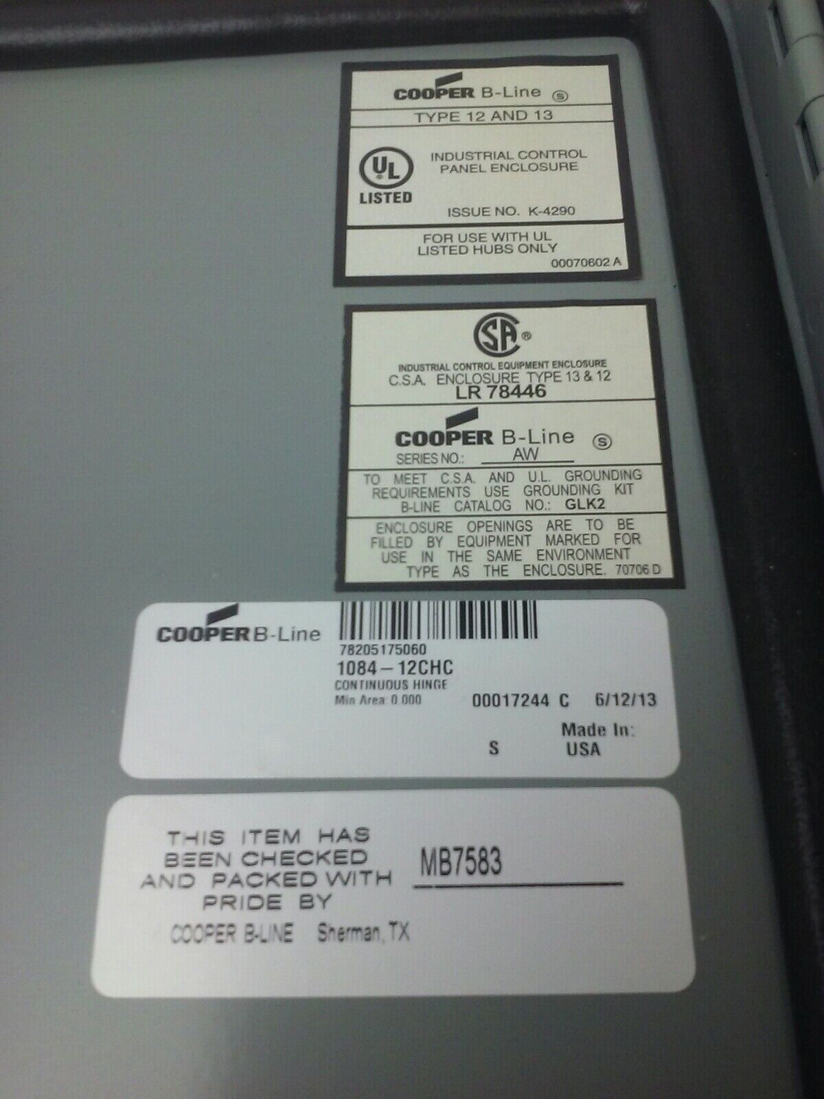 DAYTON 5X847N POWER RELAY 8 PIN 120V, COOPER B-LINE 1084-12CHC TYPE 12 & 13 ENCL
