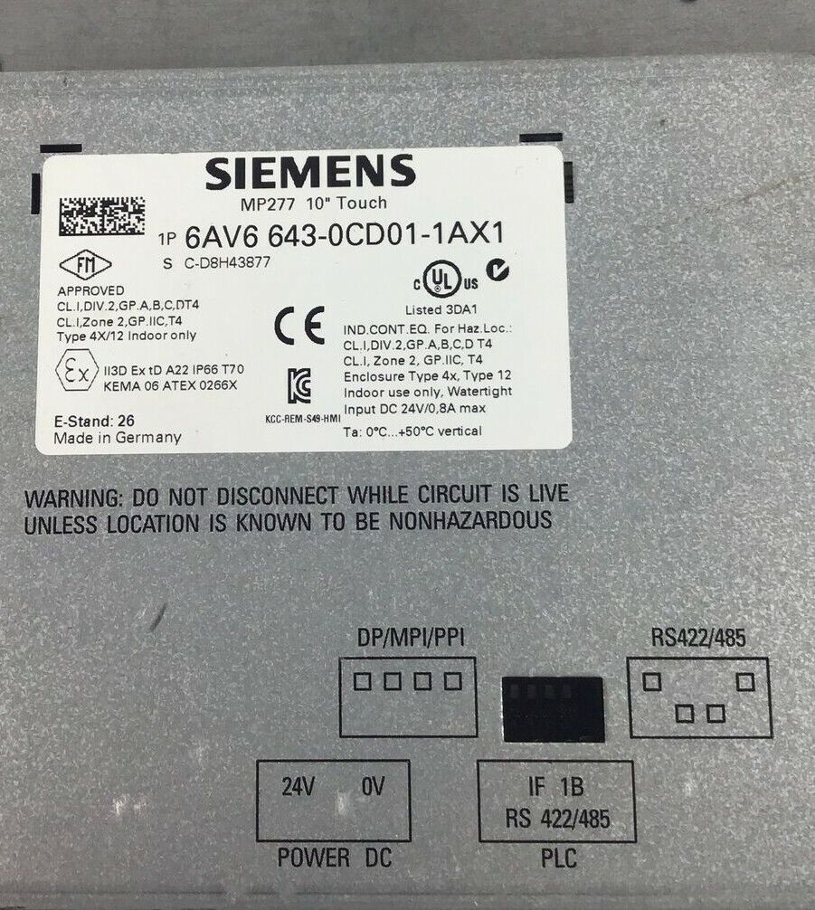SIEMENS 6AV6 643-0CD01-1AX1 10" TOUCH OPERATOR PANEL INTERFACE 240V 8A