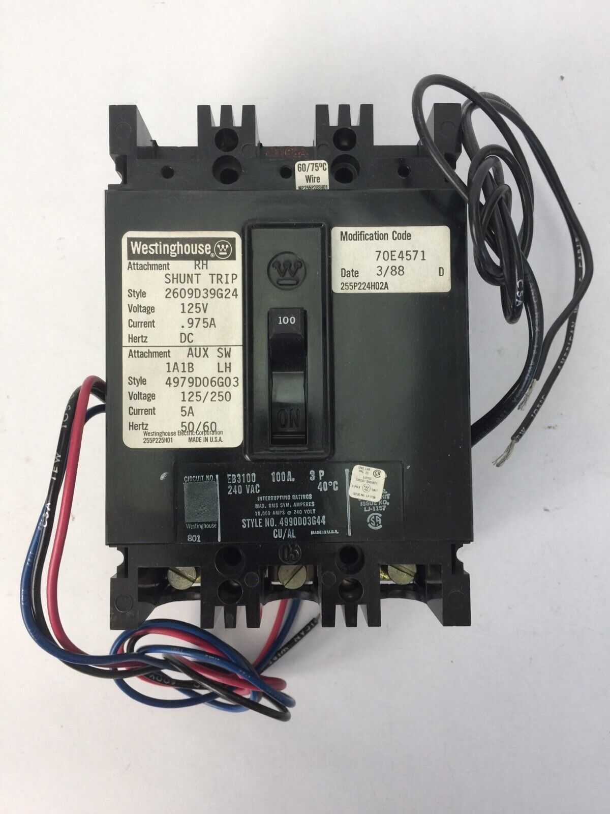 WESTINGHOUSE EB3100 CIRCUIT BREAKER 100AMP 3POLE 240VAC 2609D39G24 4979D06G03