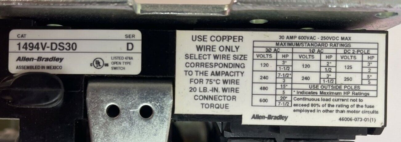 ALLEN BRADLEY 1494V-DS30 FUSIBLE DISCONNECT SWITCH SER D 30A 600VAC 20HP 250VDC