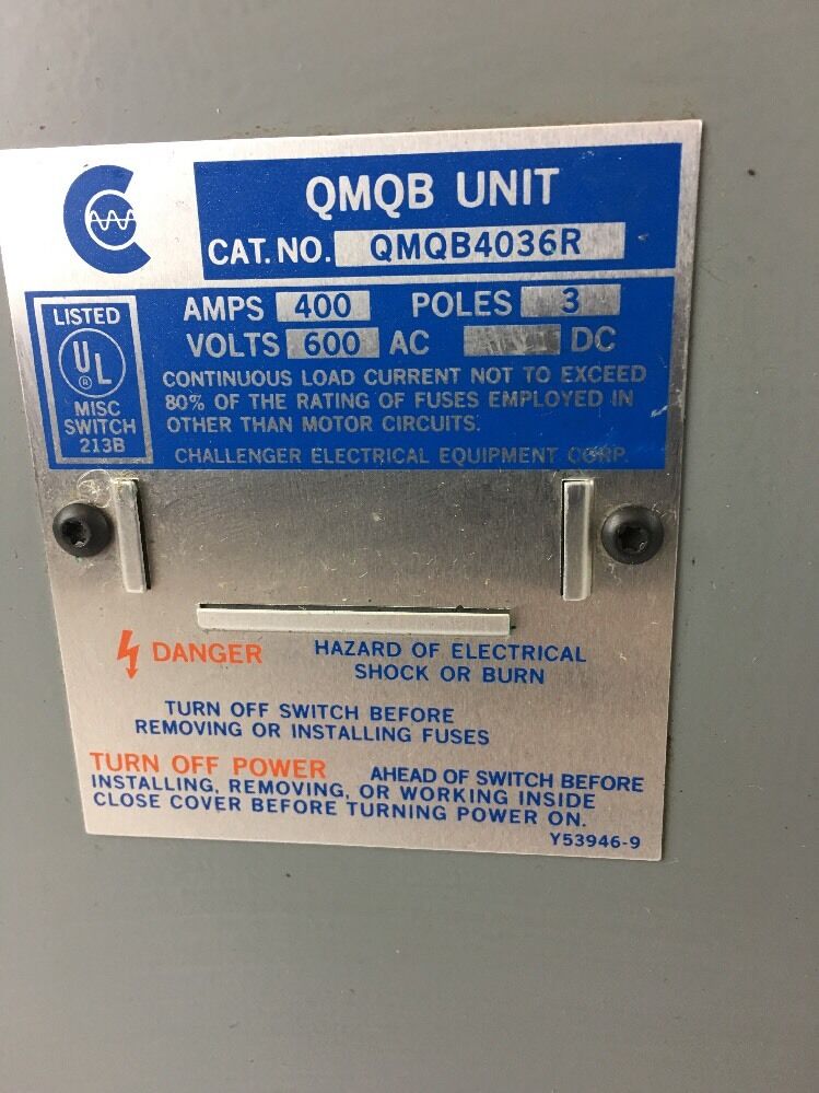 CHALLENGER QMQB4036R 400 AMP 600 VOLT 3 POLE FUSIBLE PANELBOARD SWITCH