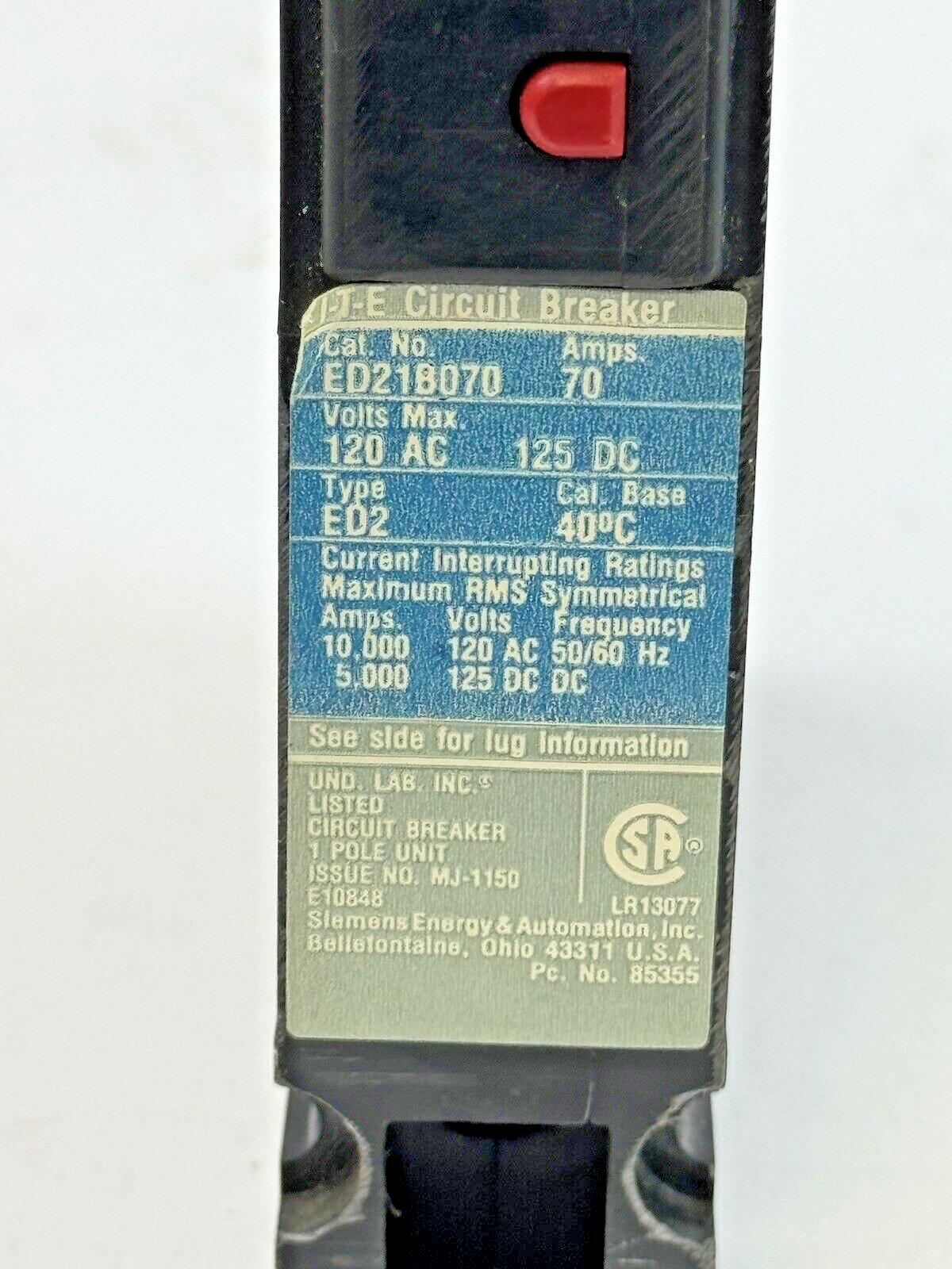 SIEMENS - ED21B070 - BOLT-ON CIRCUIT BREAKER - 1 POLE, 120 VAC, 70A -NEW