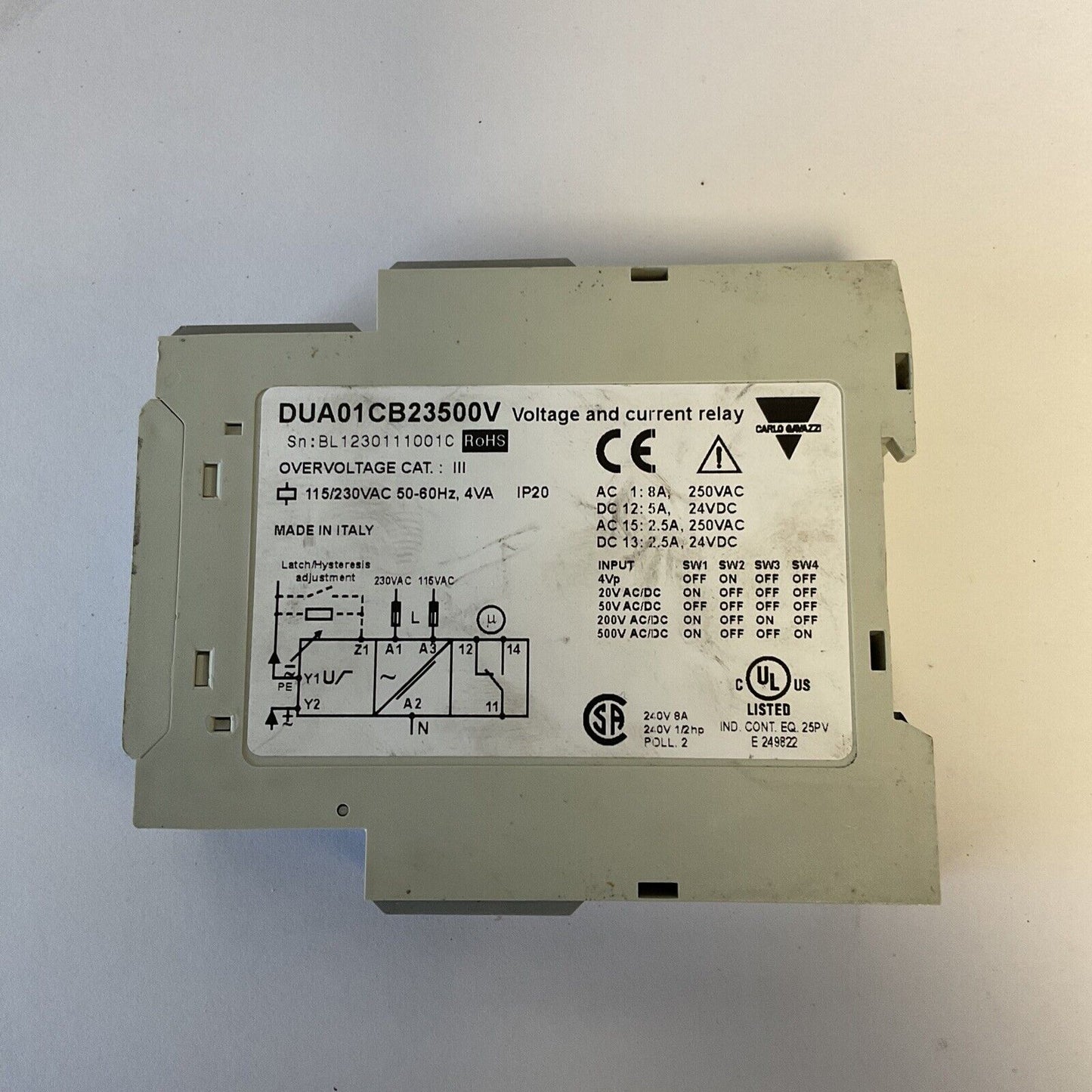 CARLO GAVAZZI DUA01CB23500V VOLTAGE AND CURRENT RELAY 115/230VAC 50/60HZ 4VA