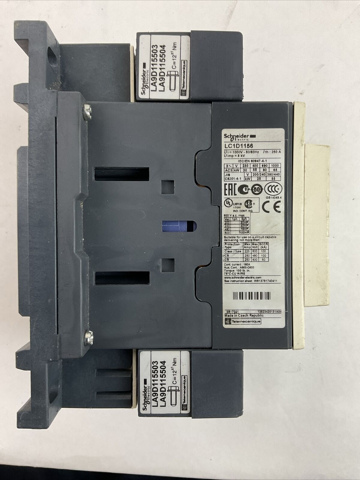 SCHNEIDER ELECTRIC LC1D1156 CONTACTOR 600VAC 3PH 100HP 160 LX1D8 FE7 COIL 115V