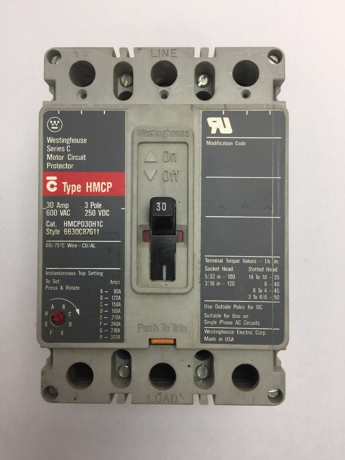 WESTINGHOUSE HMCP030H1C MOTOR CIRCUIT PROTECTOR 30AMP 600VAC 250VDC 3 POLE SER C