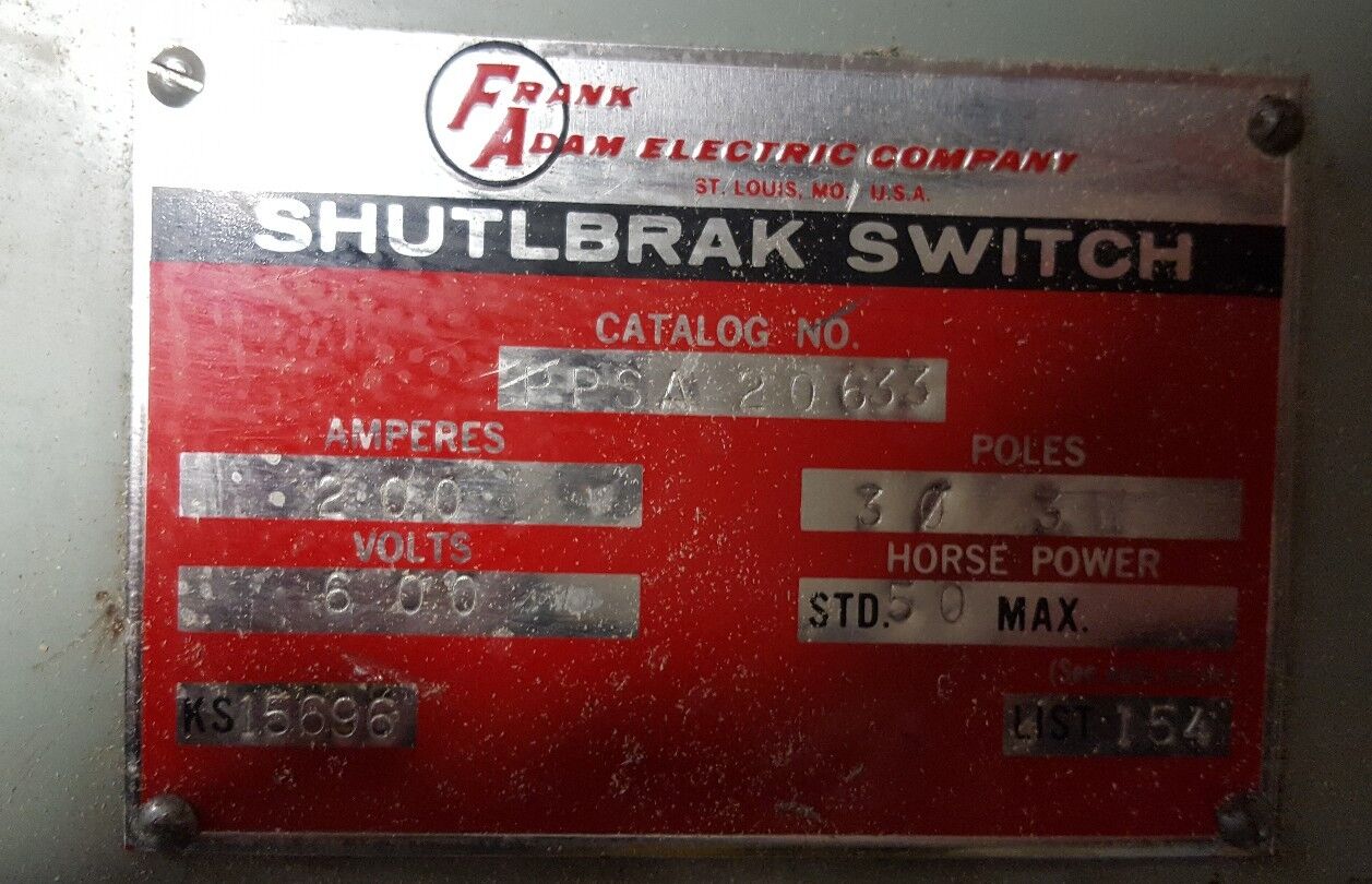 FRANK ADAM SHUTLBRAK PPSA 20 633 BUSS DUCT SWITCH 600V, 200A