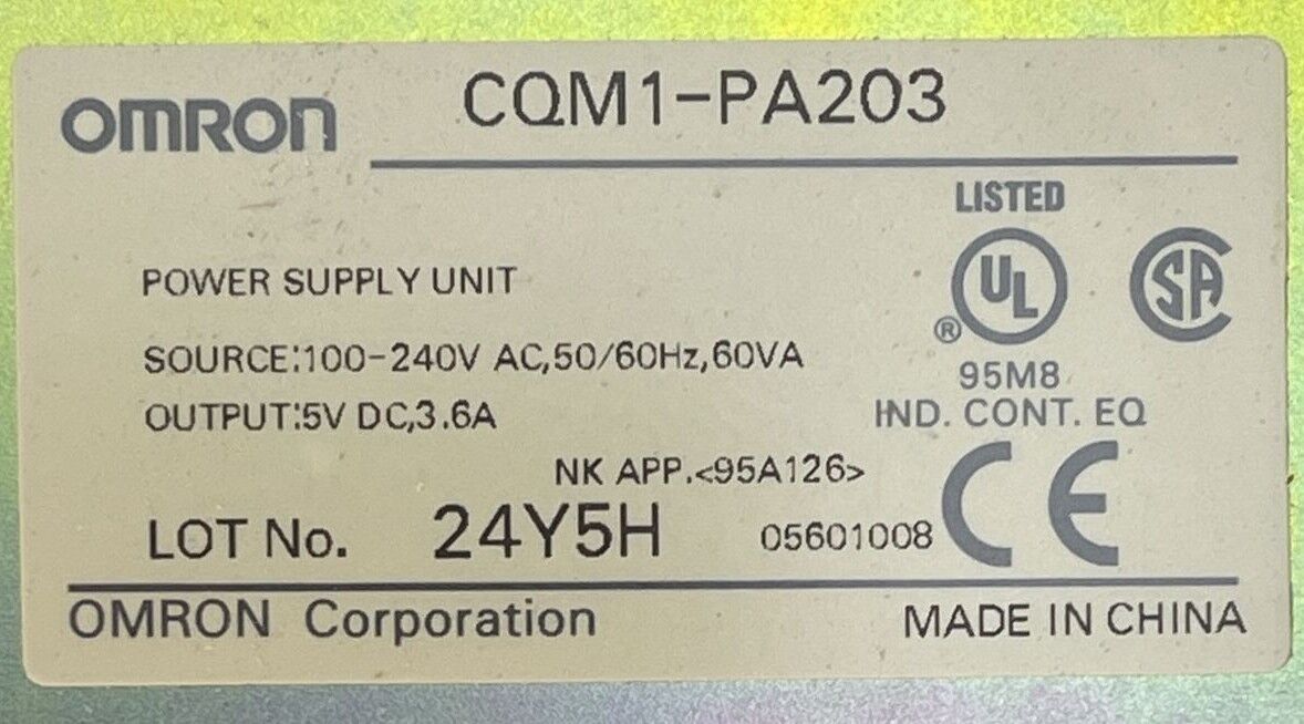 OMRON CQM1-PA203 POWER SUPPLY UNIT OUTPUT 5VDC 3.6A SOURCE 100-240VAC 60VA