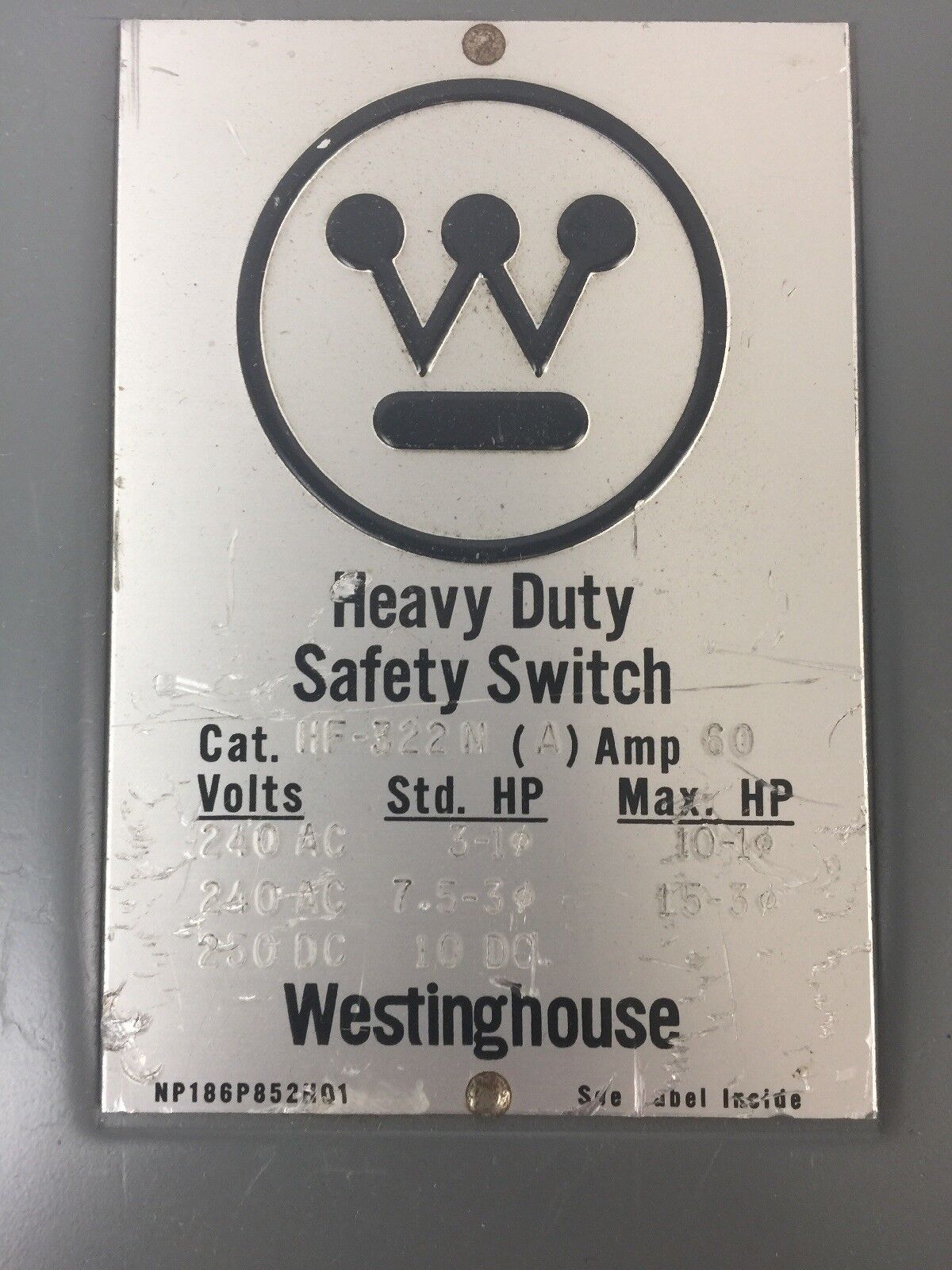 WESTINGHOUSE HF322N HEAVY DUTY FUSIBLE SAFETY SWITCH 60A 240VAC 250VDC