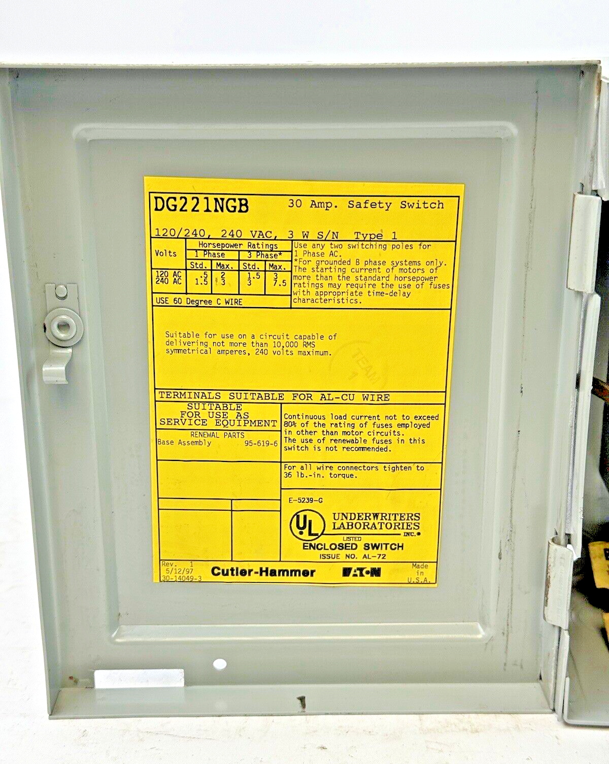 EATON / CUTLER-HAMMER - DG221NGB - SAFETY SWITCH - 30A/ 240VAC/ 2 POLE/ TYPE 1