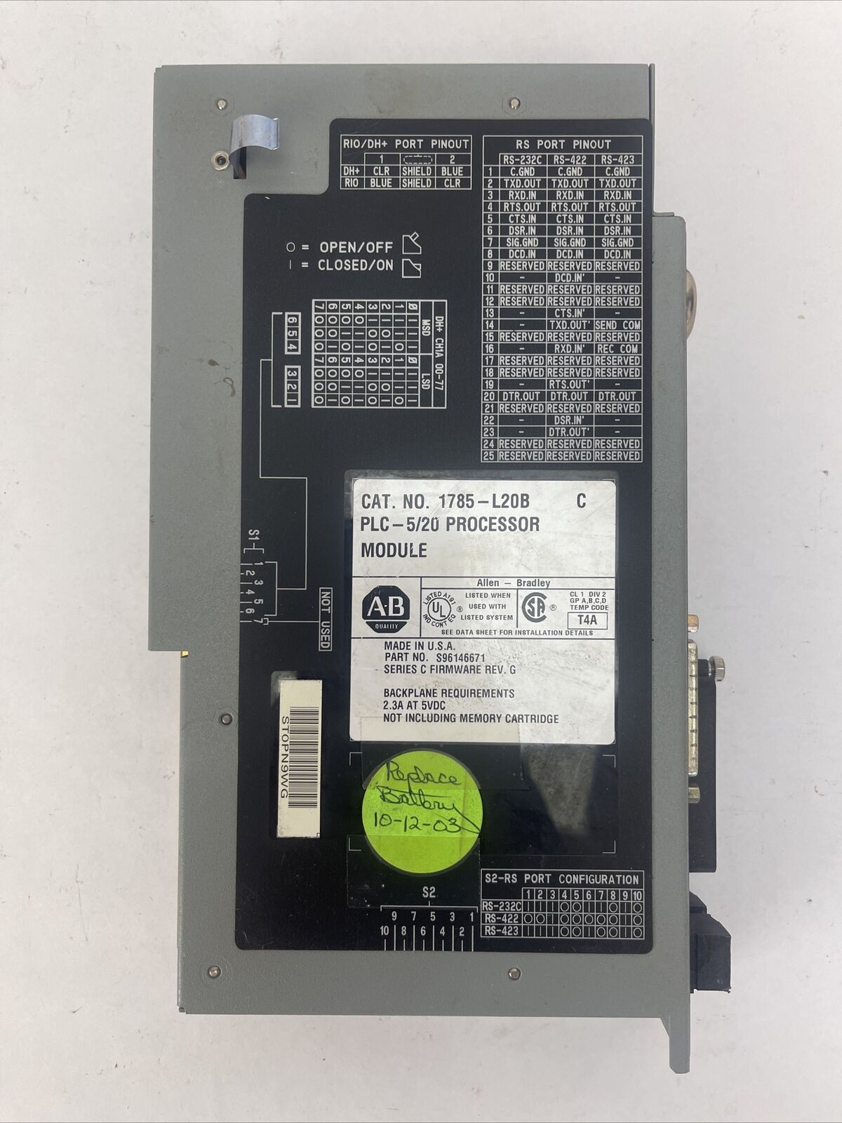 ALLEN BRADLEY 1785-L20B PLC 5/20 PROCESSOR MODULE SER C FIRMWARE REV G 2.5A@5VDC