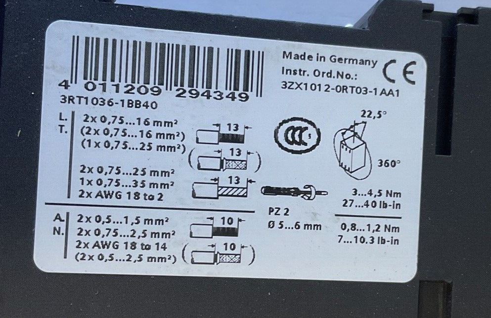 SIEMENS 3RT1036-1BB40 CONTACTOR 24VDC W/3RH1921-1HA22 CONTACT BLOCK