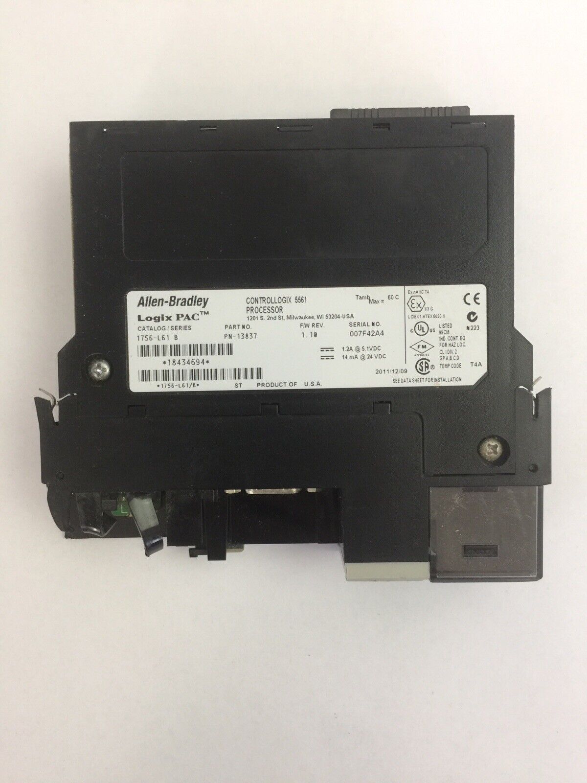 ALLEN BRADLEY 1756-L61 SER B LOGIX PAC CONTROLLOGIX 5561 PROCESSOR F/W REV 1.10