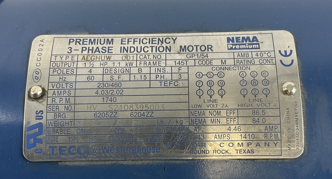 WESTINGHOUSE GP1/54 3PH INDUCTION MOTOR 1 1/2HP 4POLE 230/460V4.03/2.02A 1740RPM