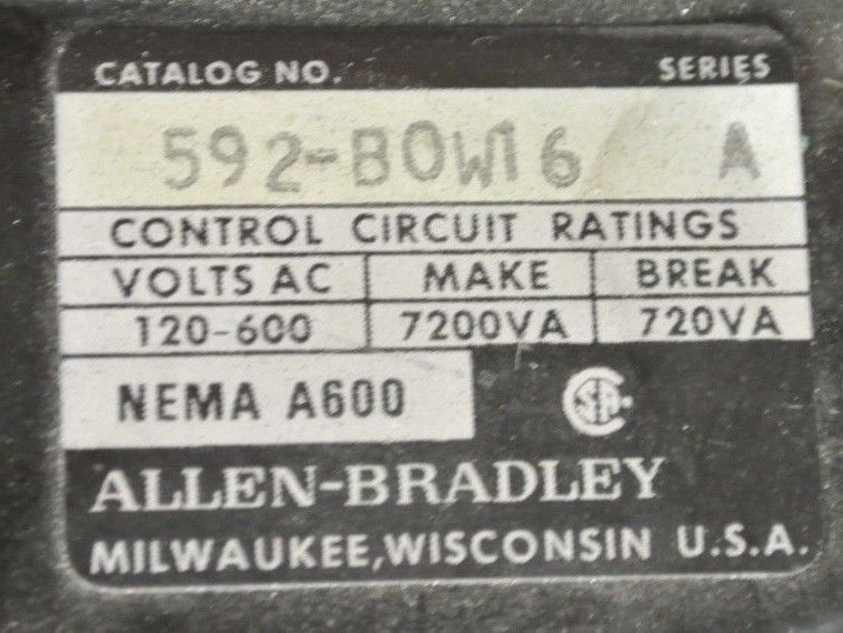 ALLEN-BRADLEY 592-BOW16 OVERLOAD RELAY 120-600VAC - MAKE 7200VA, BREAK 720VA
