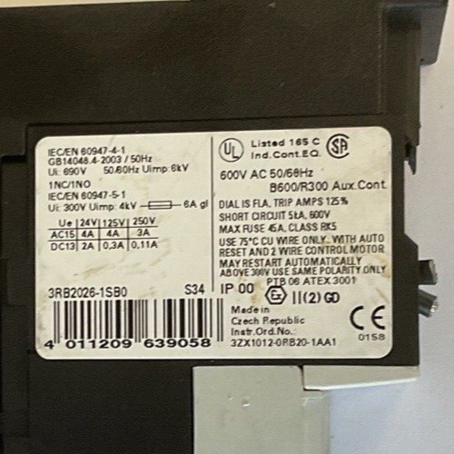 SIEMENS 3RB2026-1SB0 RELAY 600VAC W/3RB2923-0AA1 TERMINAL SUPPORT BRACKET