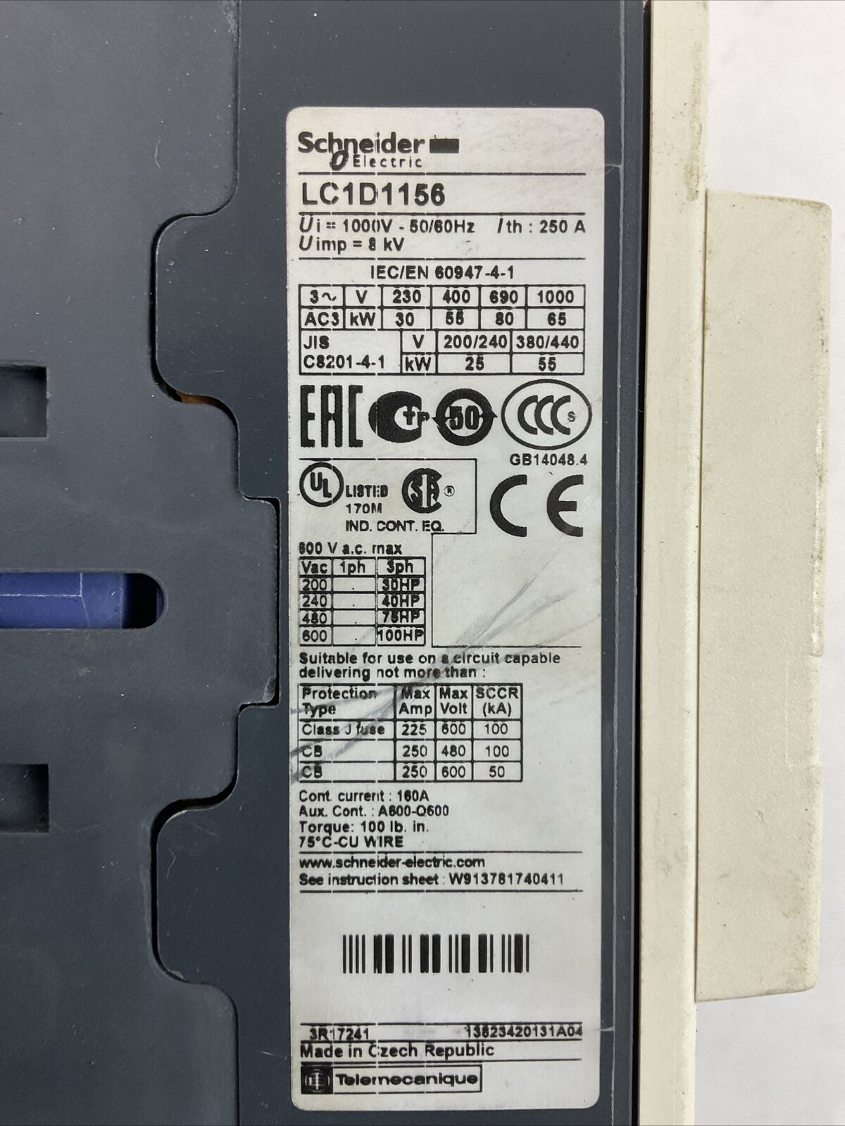 SCHNEIDER ELECTRIC LC1D1156 CONTACTOR 600VAC 3PH 100HP 160 LX1D8 FE7 COIL 115V
