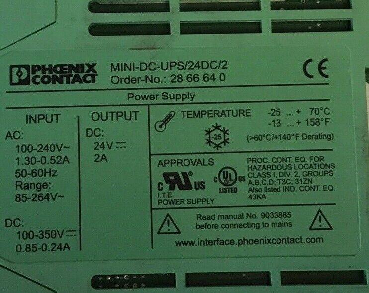 PHOENIX CONTACT MINI-DC-UPS/24DC/2 POWER SUPPLY 24VDC 2A