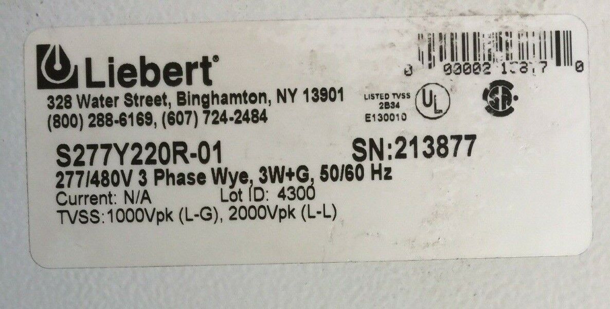 LIBERT S277Y220R-01 SURGE SUPRESSOR 277/480V 3PHASE WYE 3W+G 50/60HZ