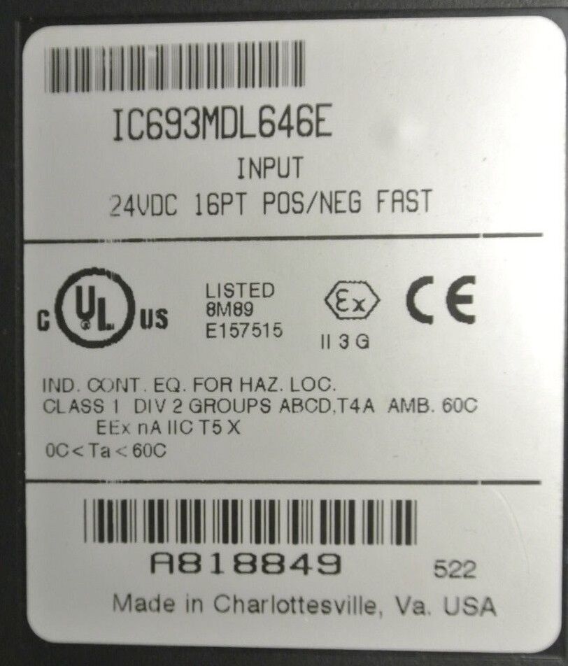 GE FANUC IC693MDL646E INPUT MODULE / 24VDC / 16PT / POS/NEG LOGIC