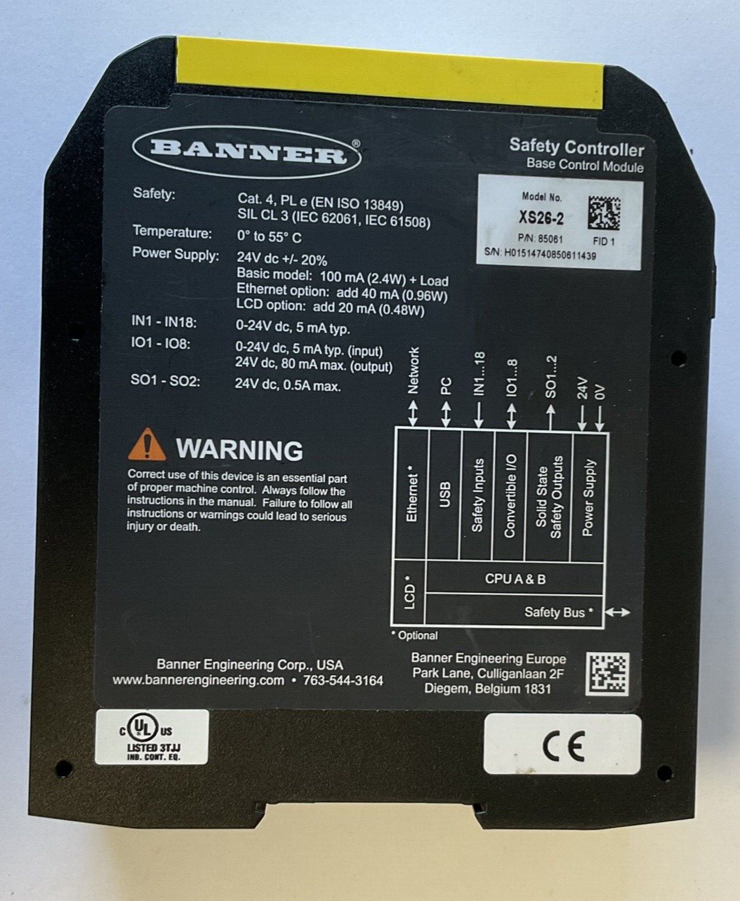 BANNER XS26-2 SAFETY CONTROLLER 24VDC BASE CONTROL MODULE