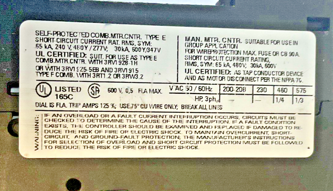 SIEMENS 3RV1021-0FA10 MOTOR CONTROL 3RV1901-1E 6,5A 277V