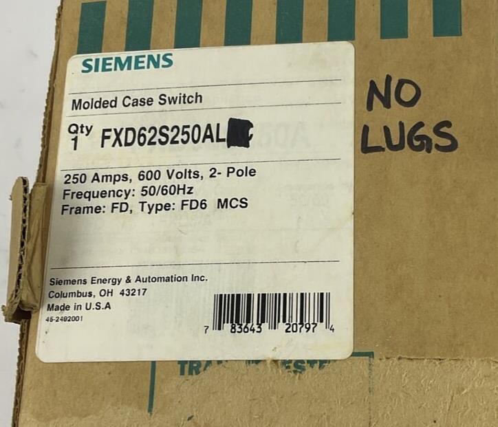 SIEMENS FXD62S250A CIRCUIT BREAKER 250A 600V 50-60HZ 2POLE SER.B