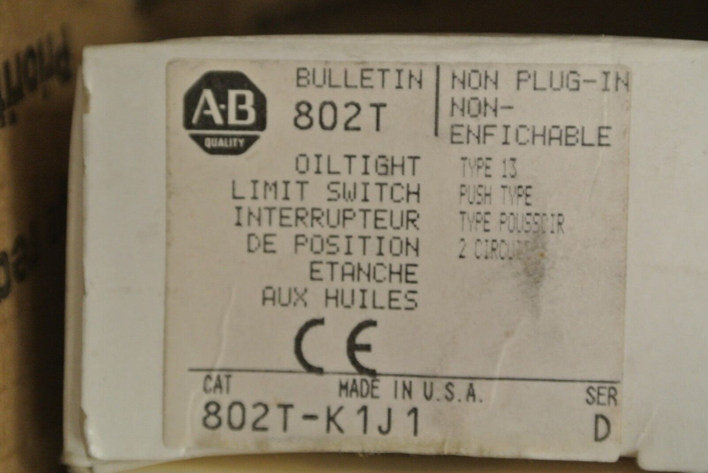 ALLEN-BRADLEY 802T-K1J1 OILTIGHT LIMIT SWITCH Ser. D / NON-PLUG-IN / NEW SURPLUS