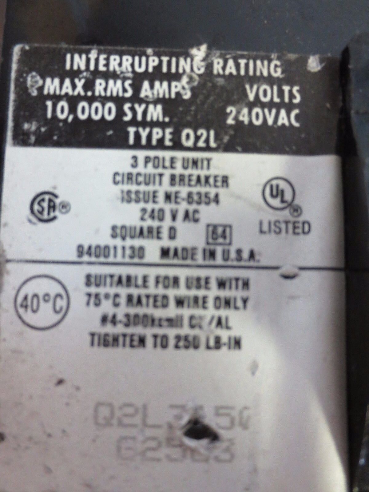 SQUARE D Q2L3150 CIRCUIT BREAKER 150A, 240VAC 3-POLE - ONLY 1 LUG SCREW
