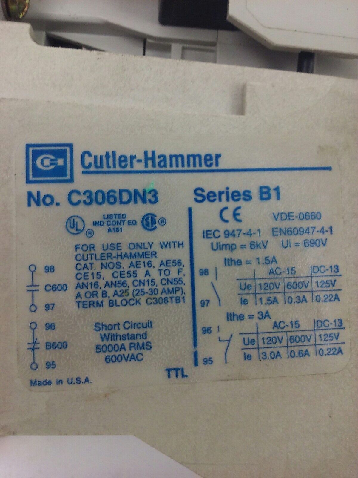 CUTLER HAMMER AN16AN0, STARTER, SIZE 00, 9A, 600V, 3PH, 2H.P., W/ C306DN3, NEW