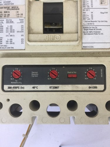 CUTLER HAMMER CIRCUIT BREAKER KD4400F 400A 4P 600VAC 250VDC KT3300T SNT3P11K7