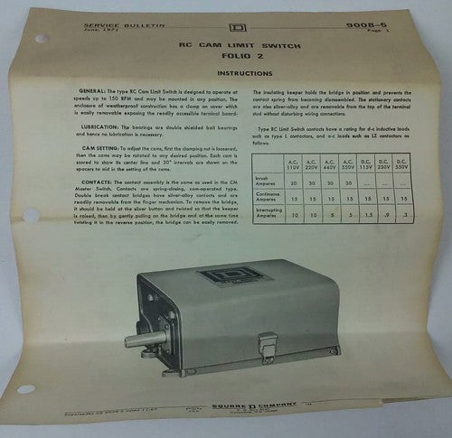 SQUARE D ROTATING CAM LIMIT SWITCH CLASS 9008, TYPE RC-114AW, SER. FOL-2, 600V11